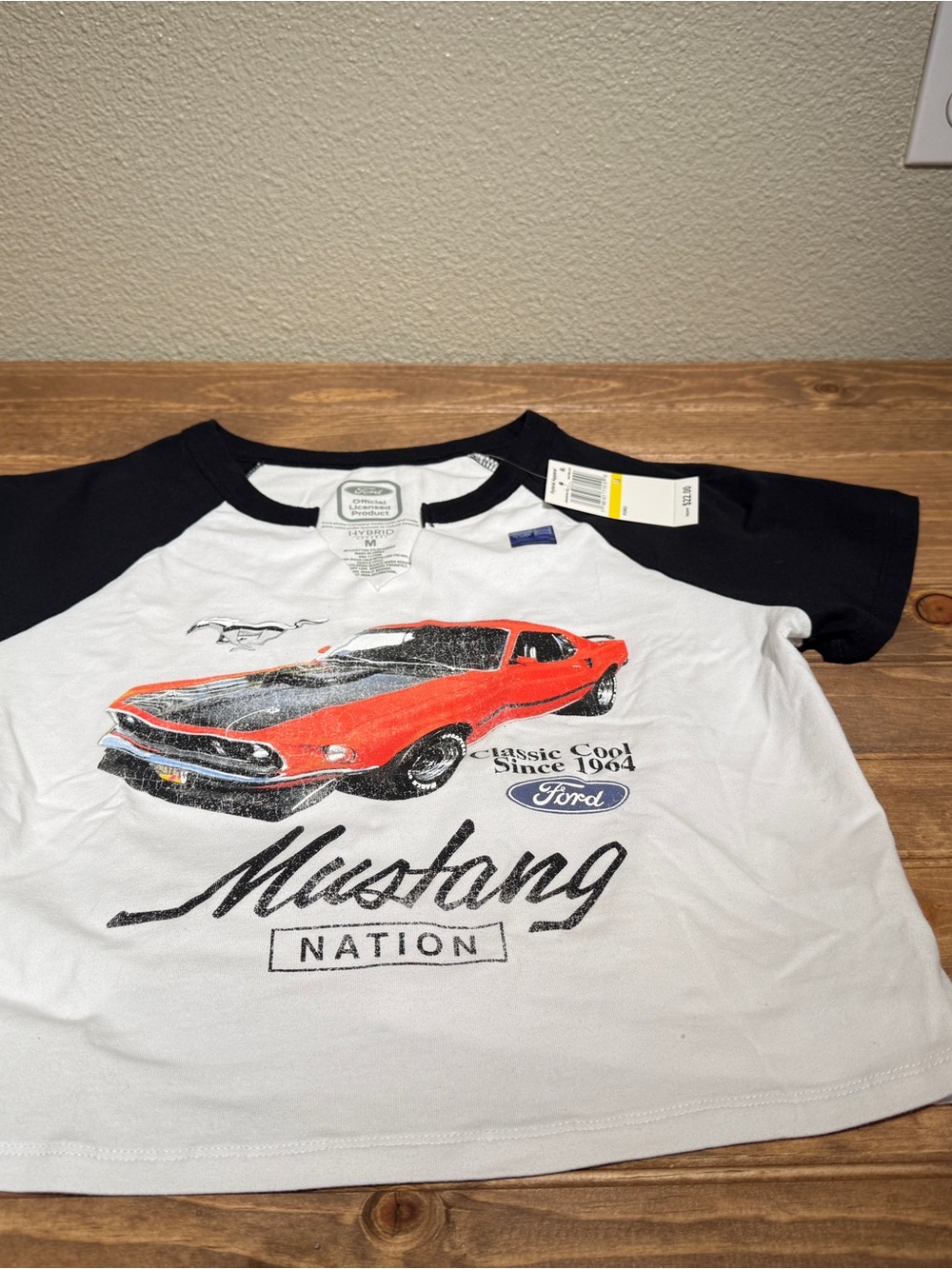 Hybrid Apparel White Crop Tee with Black Raglan Trim and Ford Logo